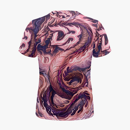 Pink and purple all-over dragon sports jersey, short sleeves and crew neck