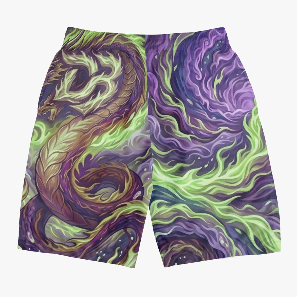 All-over print board shorts with dragon pattern, purple and green, straight hem.