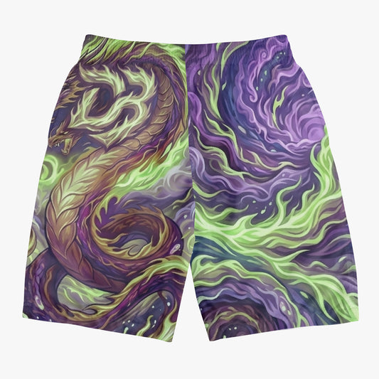 All-over print board shorts with dragon pattern, purple and green, straight hem.