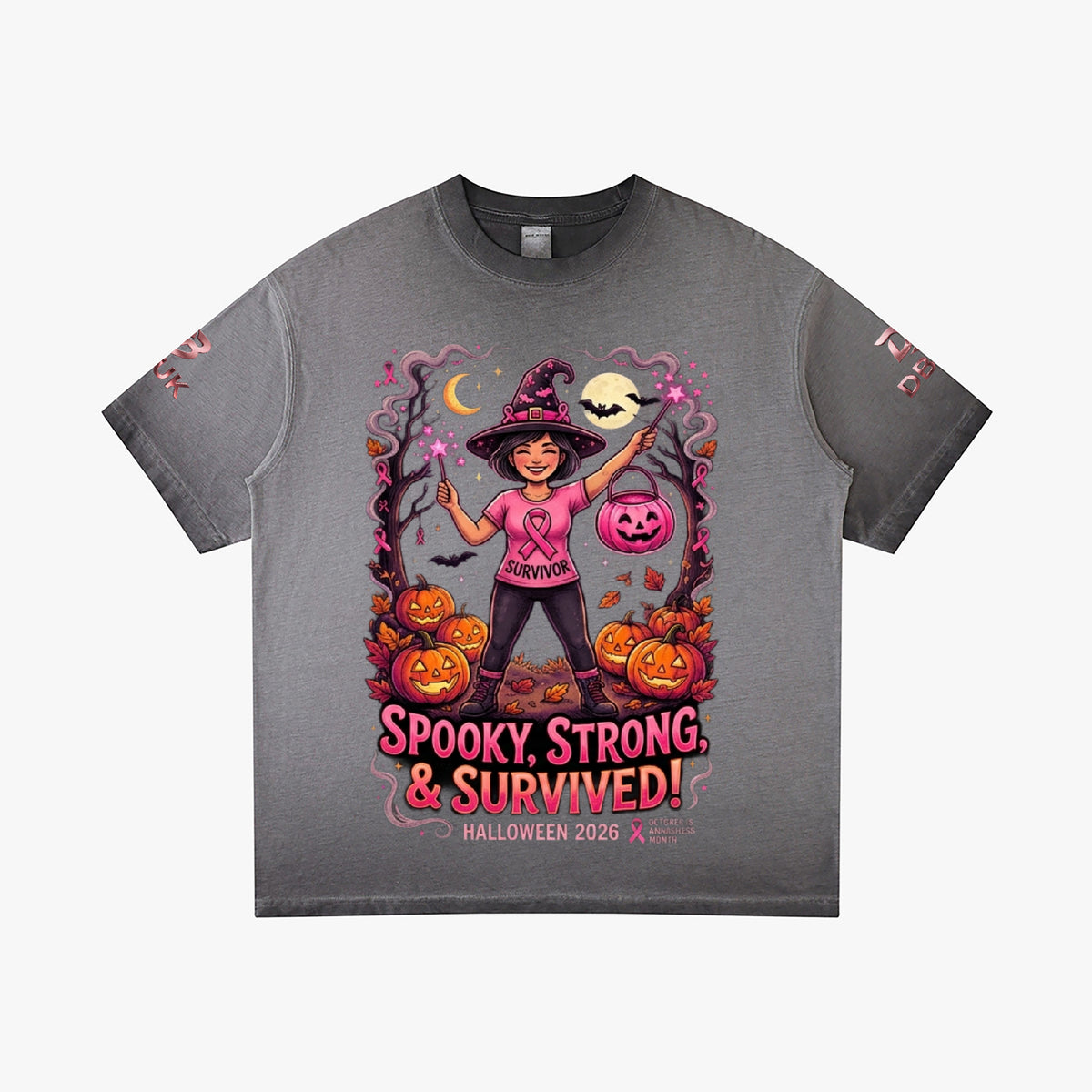 Dark gray Halloween graphic tee with witch, pumpkins, and “Spooky Strong & Survived!”