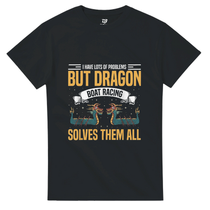 Black unisex graphic T-shirt with dragon boat racing text "SOLVES THEM ALL"