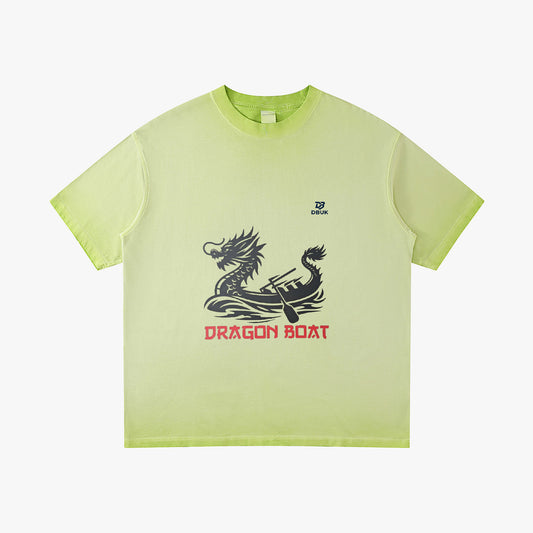 Light green washed cotton crew-neck tee with Dragon Boat front graphic