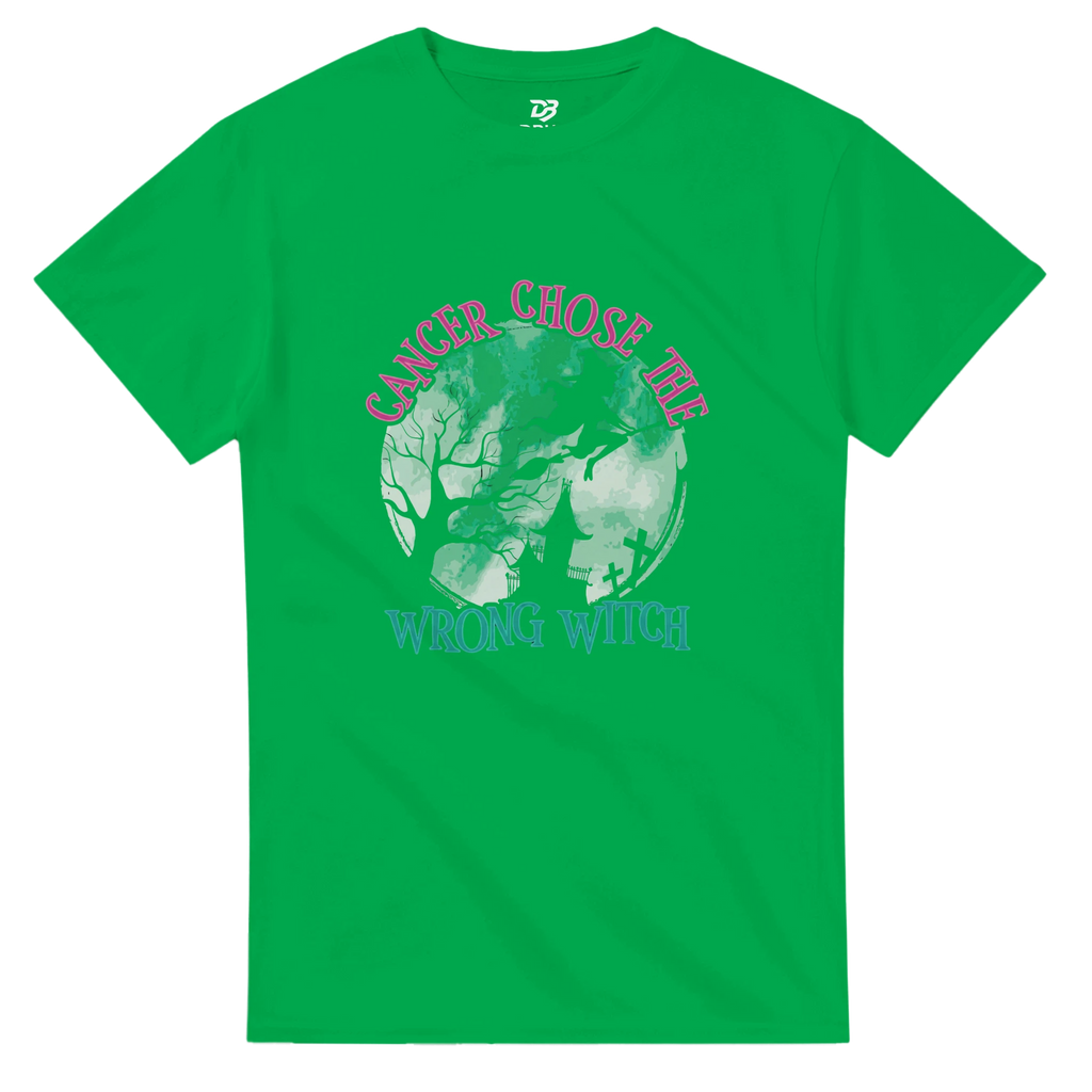 Green unisex t-shirt with green witch graphic and pink "CANCER CHOSE THIS" text