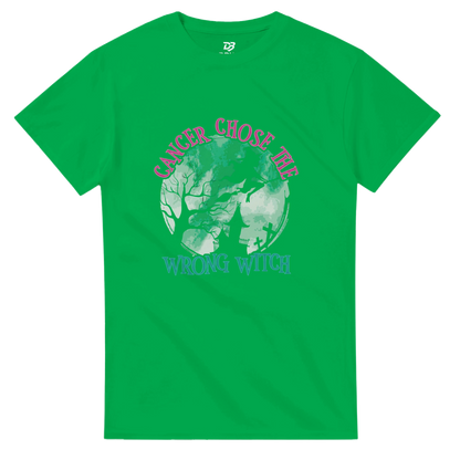 Green unisex t-shirt with green witch graphic and pink "CANCER CHOSE THIS" text