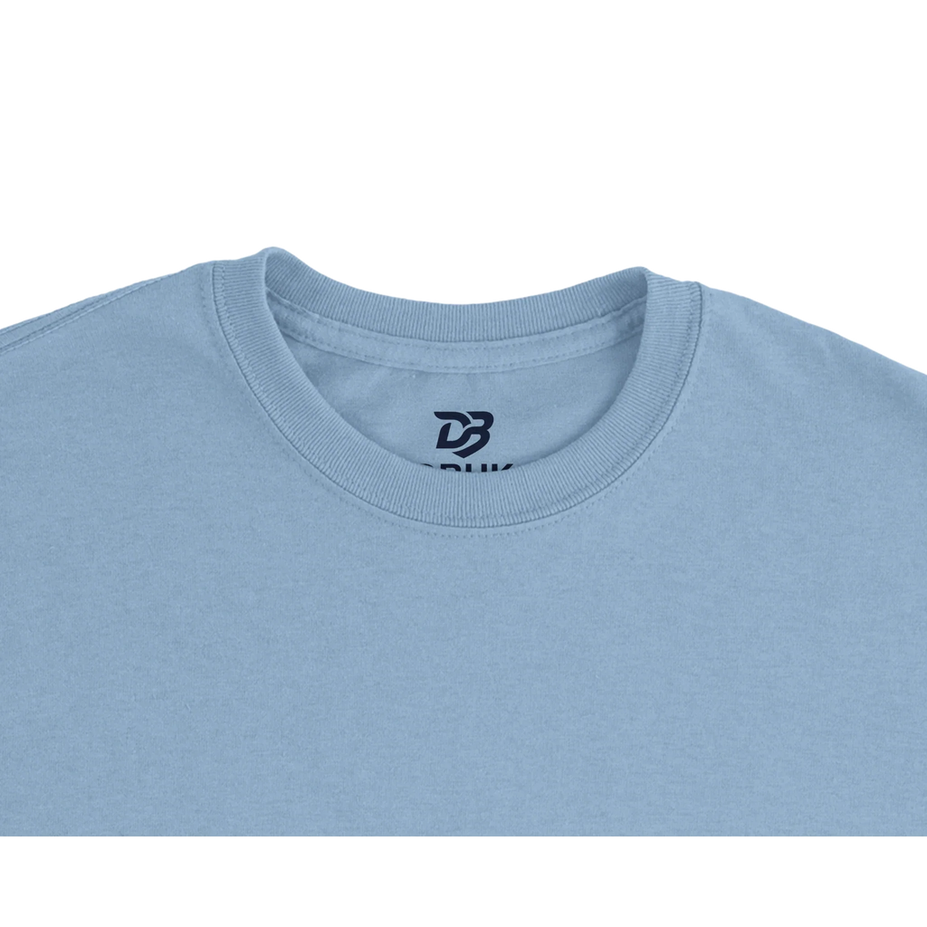 Light blue unisex crew-neck tee neckline with small logo patch
