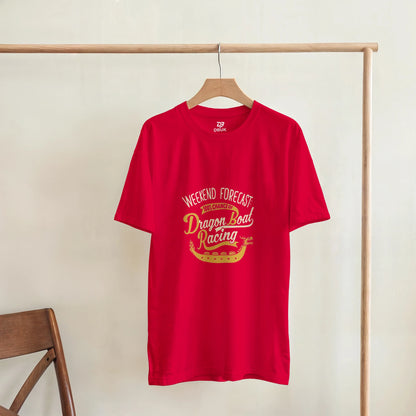 Red unisex crewneck tee with Weekend Forecast Dragon Boat Racing graphic