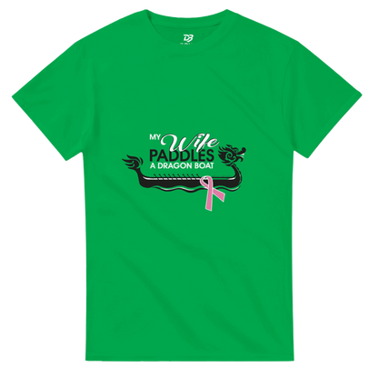 Irish green unisex t-shirt with dragon boat graphic and pink ribbon