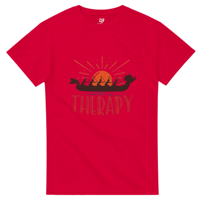 Red unisex T-shirt with dragon boat sunrise graphic and "THERAPY" print