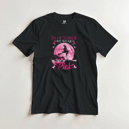 Black unisex T-shirt with pink witch moon graphic and “Pink” script at center chest