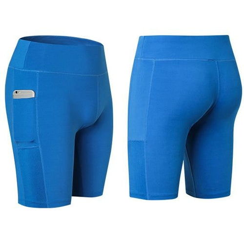 Blue yoga shorts with phone pocket detail, stretch fabric, mid-thigh length