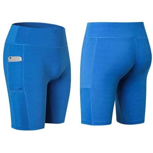 Blue stretch yoga shorts with phone pocket, showing front and back views.