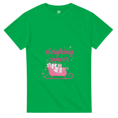 Irish green cancer support T-shirt with pink “sleighing cancer” sleigh graphic