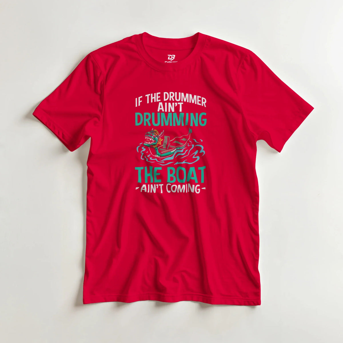 Unisex red graphic t-shirt with dragon boat illustration and drummer quote