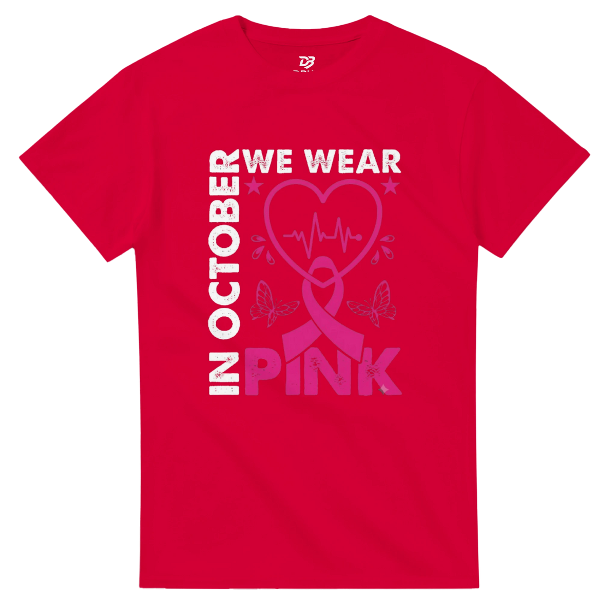 Red unisex T-shirt with 'OCTOBER WE WEAR PINK' heart ribbon graphic