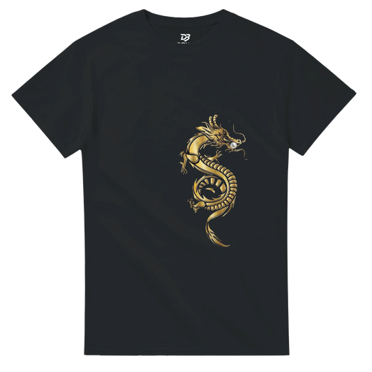 Unisex crewneck dragon graphic tee in dark navy/black with gold dragon emblem