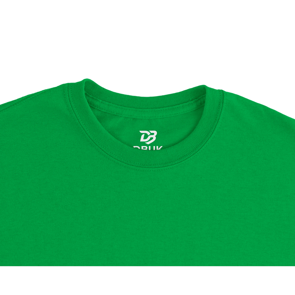 Green unisex T-shirt close-up of crew neck and small chest logo