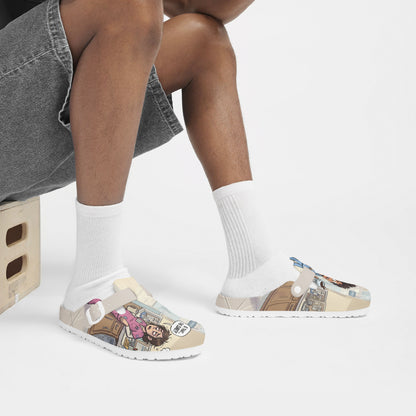 Lightweight EVA slip-on clogs with nurse comic print, beige strap, worn with socks