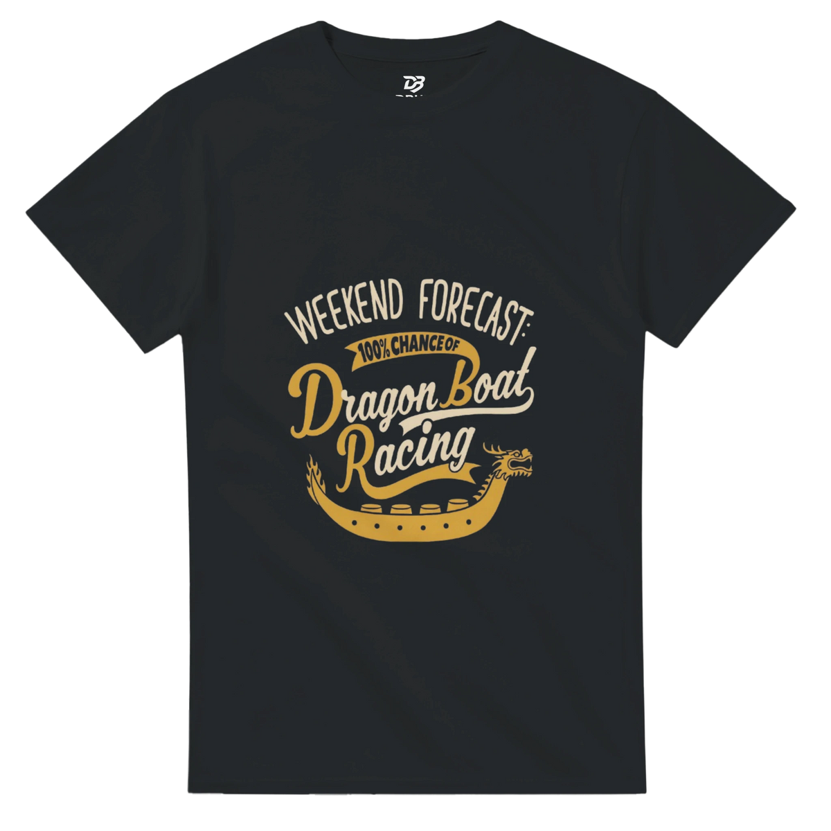 Black unisex crewneck tee with Weekend Forecast Dragon Boat Racing graphic