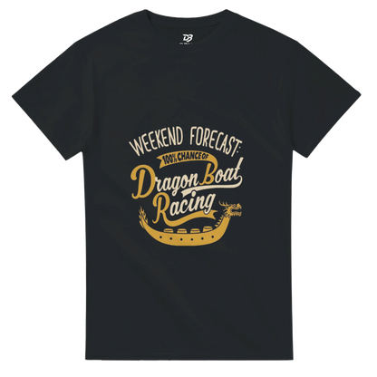 Black unisex crewneck tee with Weekend Forecast Dragon Boat Racing graphic