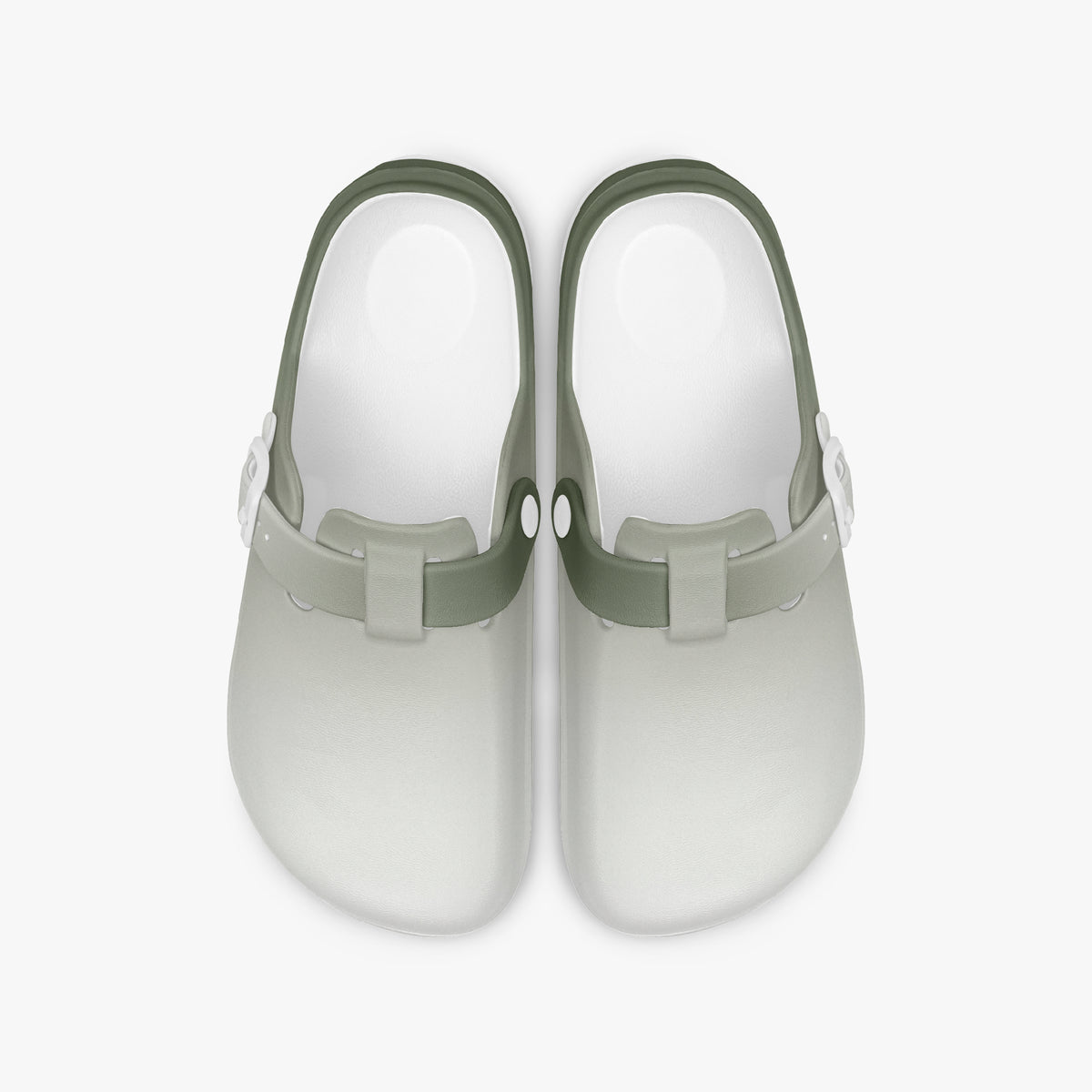 Two light gray clogs with dark green straps and open slip-on top view