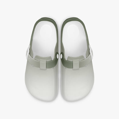 Two light gray clogs with dark green straps and open slip-on top view