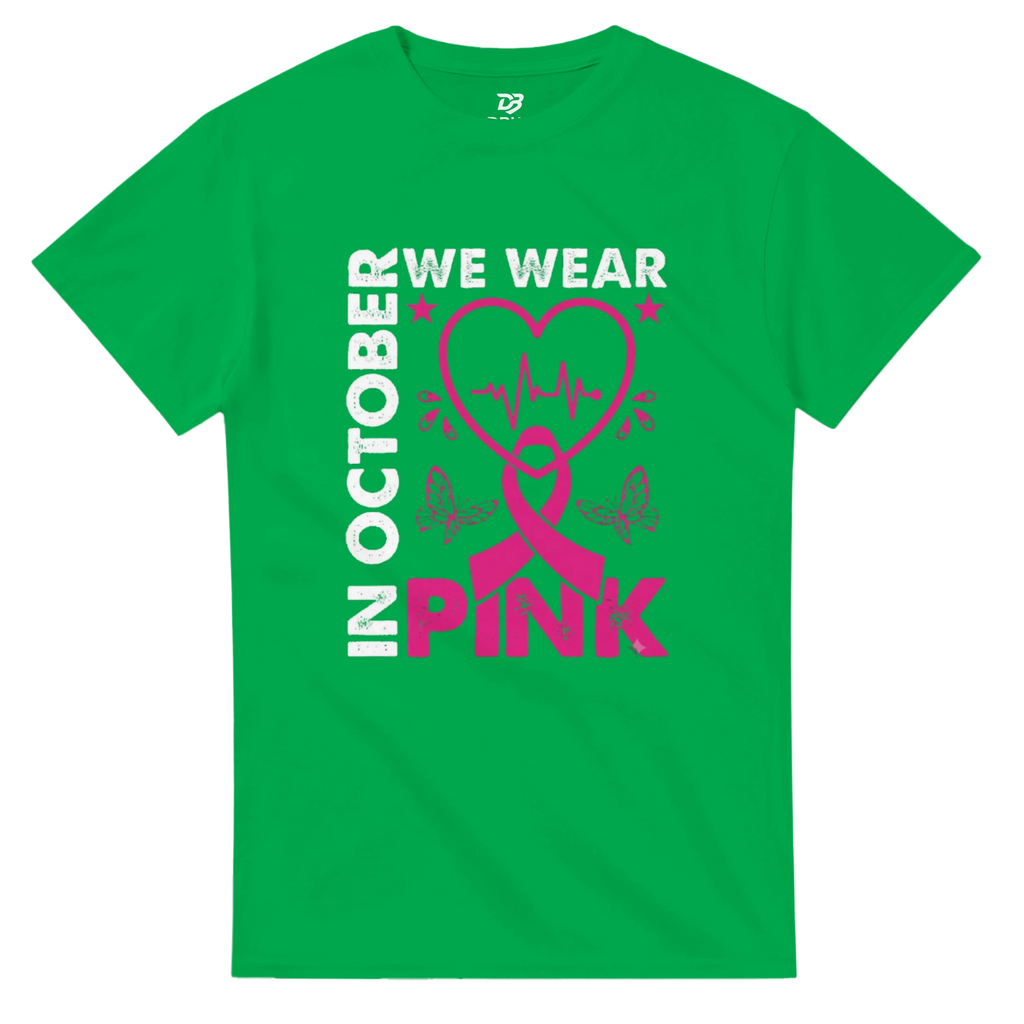 Green unisex crewneck T-shirt with 'We Wear Pink' heart graphic in white and pink