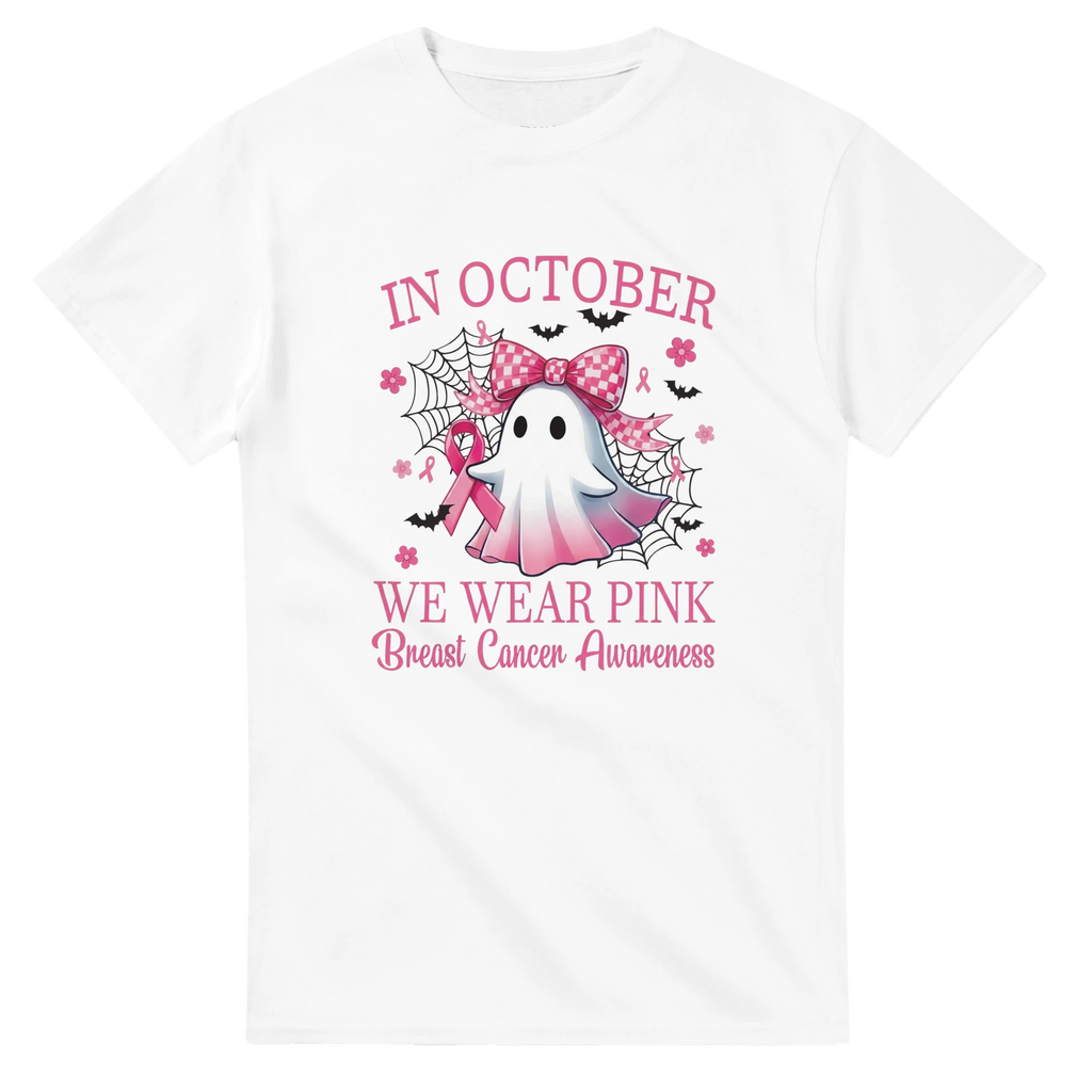 White unisex T-shirt with pink graphic text and ribbon ghost dragon illustration