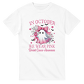 White unisex T-shirt with pink graphic text and ribbon ghost dragon illustration