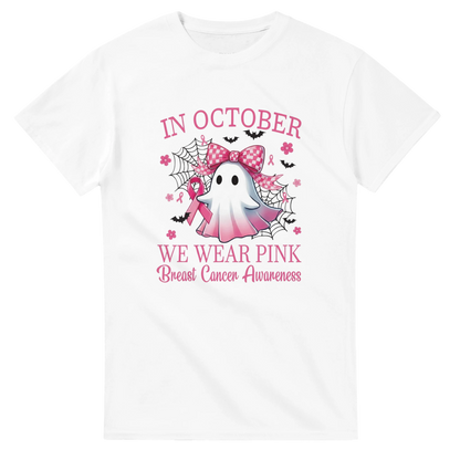 White unisex T-shirt with pink graphic text and ribbon ghost dragon illustration