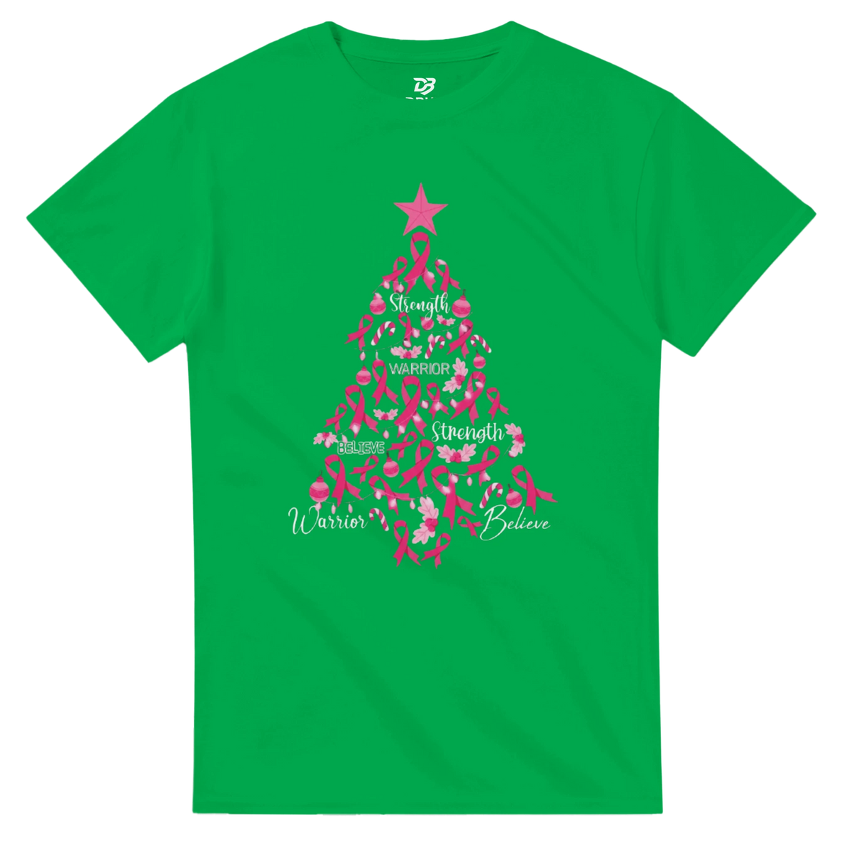 Green crew-neck T-shirt with pink ribbon Christmas tree graphic on the front