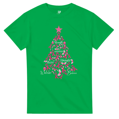 Green crew-neck T-shirt with pink ribbon Christmas tree graphic on the front