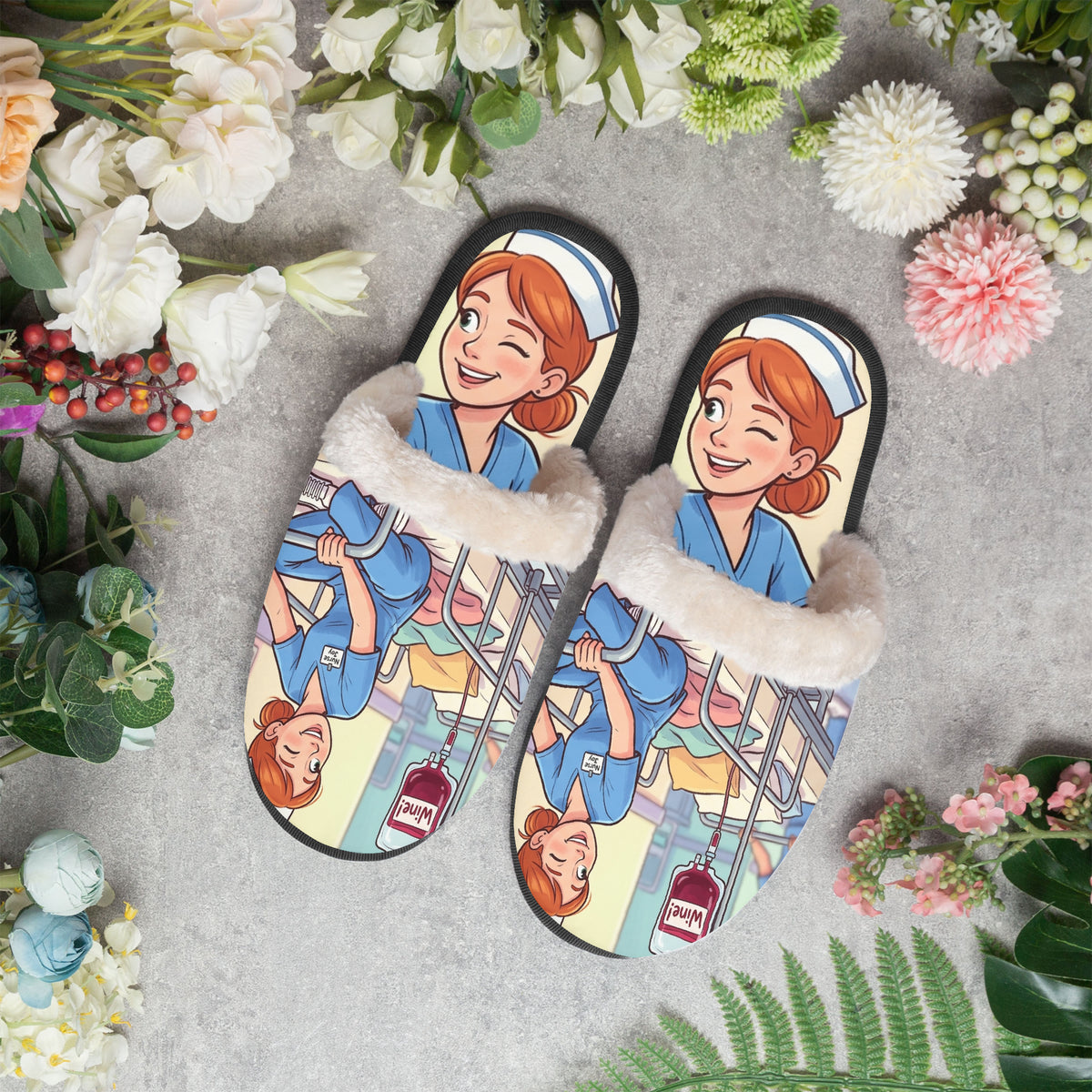 Pair of nurse cartoon slippers with plush cream lining and black textured outsole