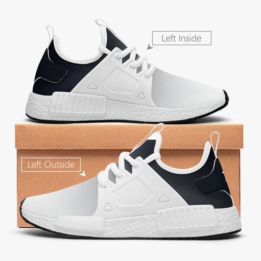 Lightweight athletic sneakers, white upper with black side panels and padded sole