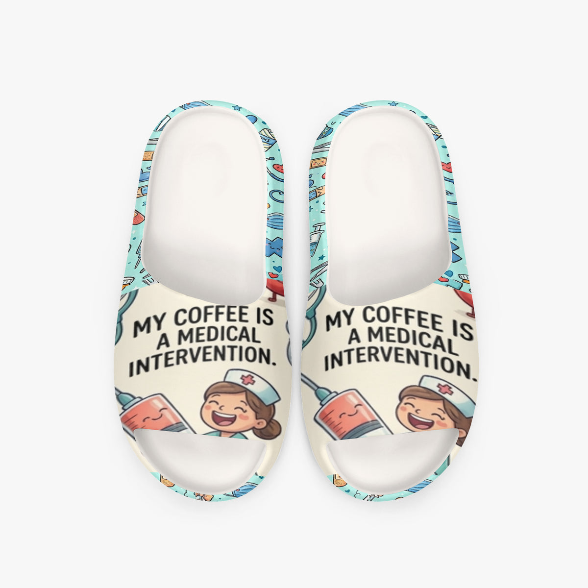Pair of white slide clogs with teal medical coffee comic print and slogan