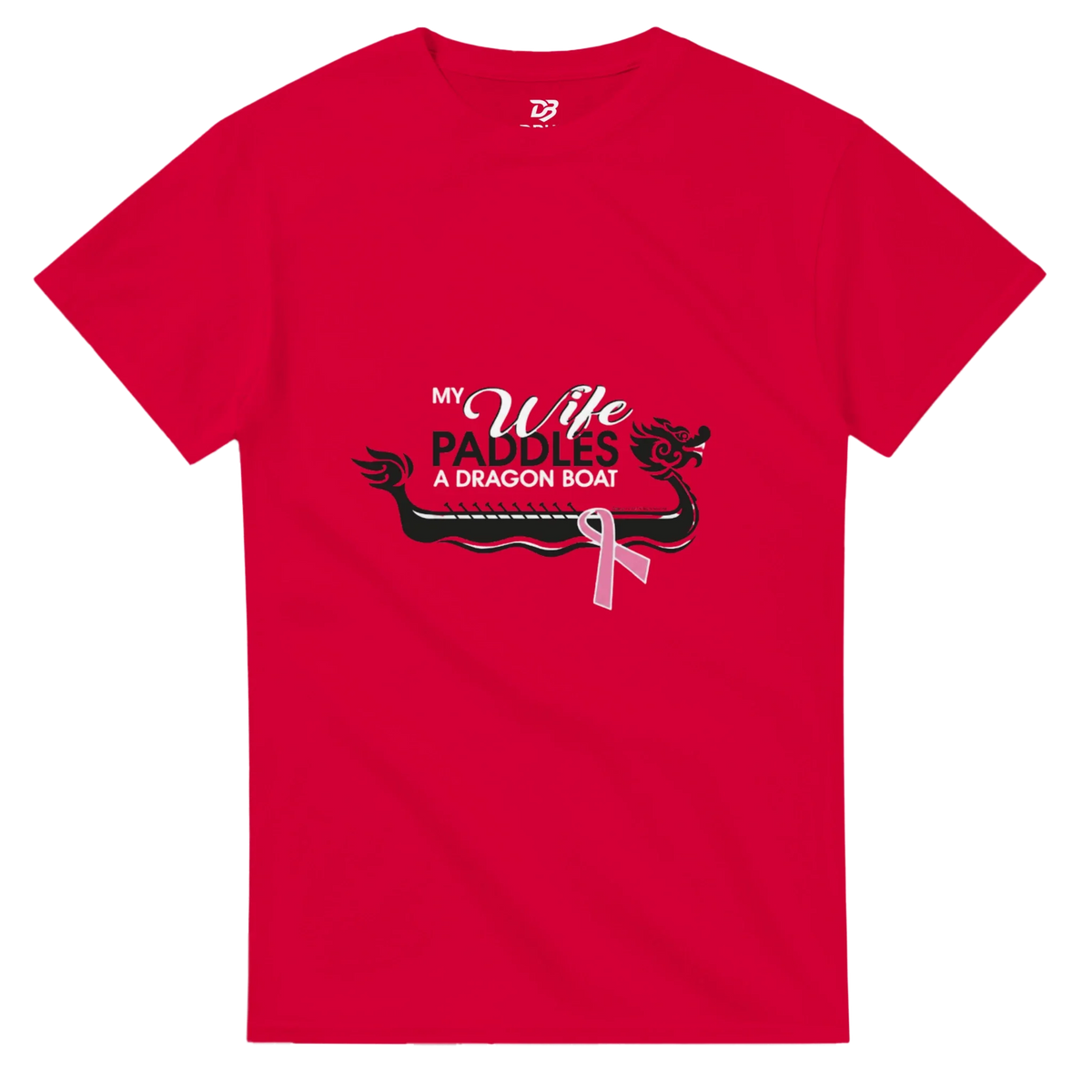 Red unisex t-shirt with dragon boat graphic and pink ribbon