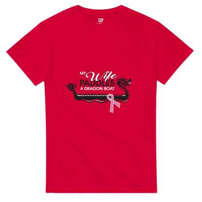 Red unisex t-shirt with dragon boat graphic and pink ribbon