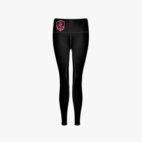 High-rise black leggings, full back view with pink ribbon logo on upper waistband