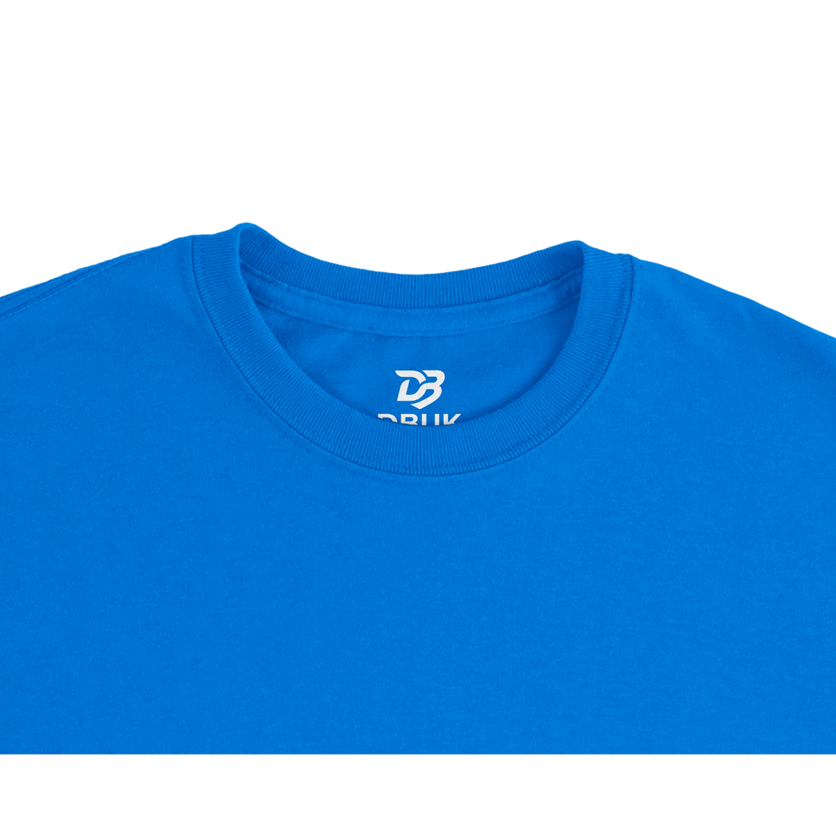 Blue crew-neck T-shirt with small DB logo on the collar