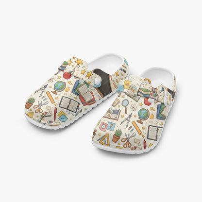 Pair of slip-on clogs with white base and colorful classroom pattern