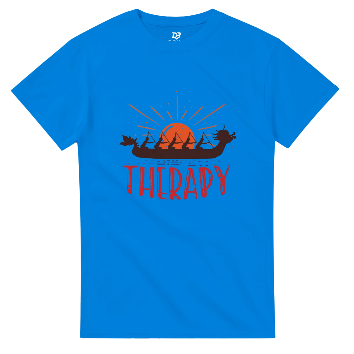 Royal blue unisex T-shirt with dragon boat sunrise graphic and "THERAPY" print