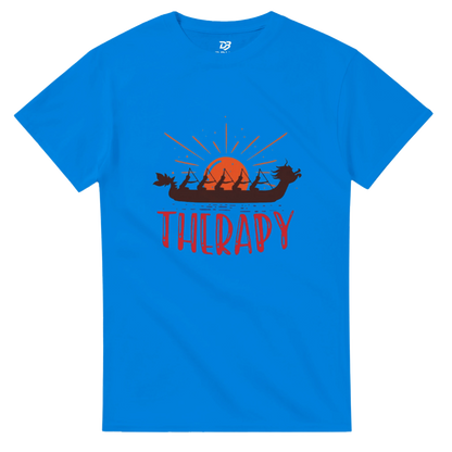 Royal blue unisex T-shirt with dragon boat sunrise graphic and "THERAPY" print
