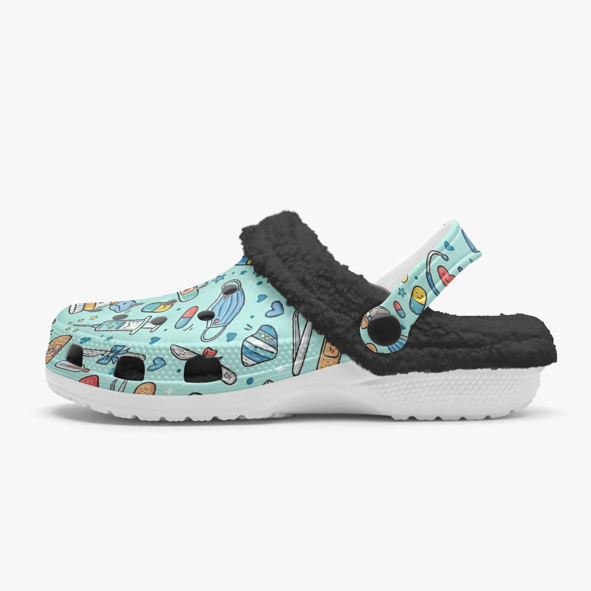 Teal medical-themed lined slides with black plush fur lining and chunky tread sole