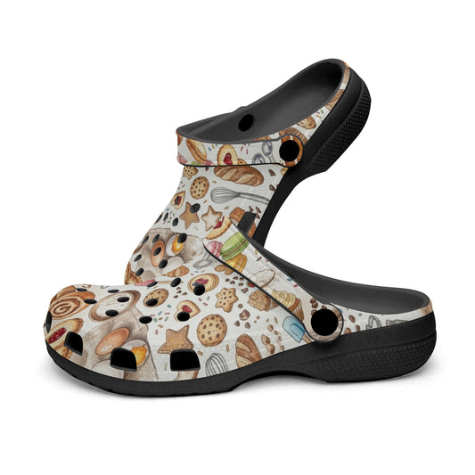 DBUKStore kitchen clogs with beige fun food print, black sides and outsole, slip-on.