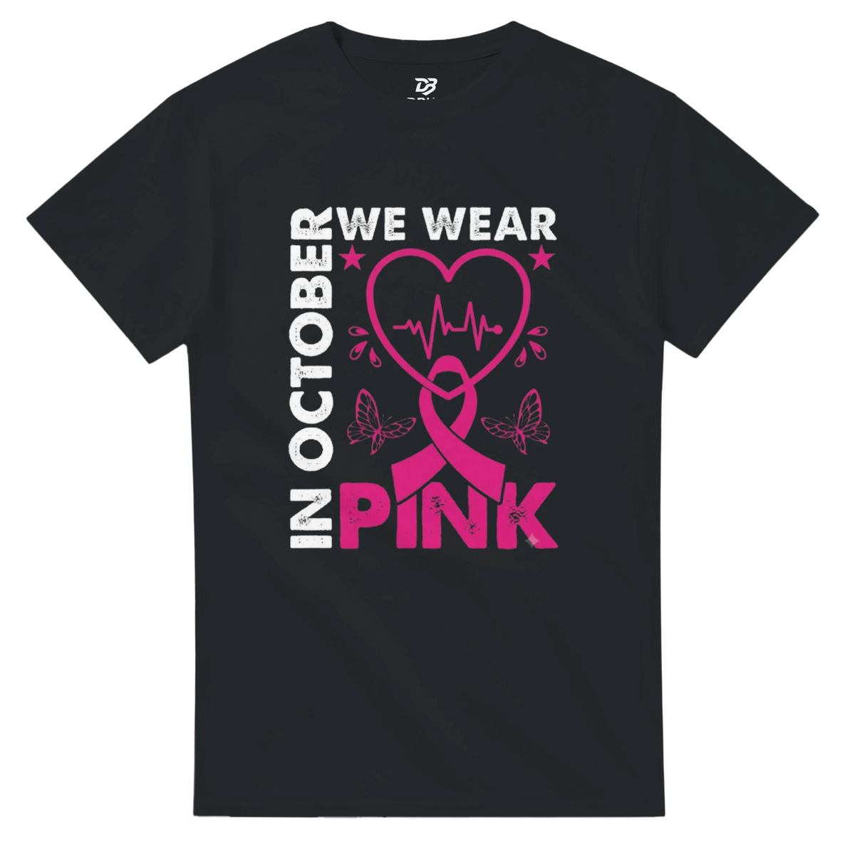 Black unisex T-shirt with 'OCTOBER WE WEAR PINK' heart ribbon graphic