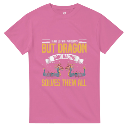 Pink unisex graphic T-shirt with dragon boat racing text "SOLVES THEM ALL"