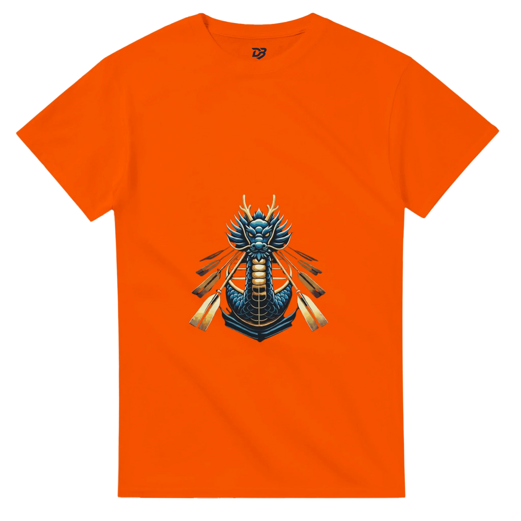Orange unisex dragon boat graphic tee with crew-neck and short sleeves