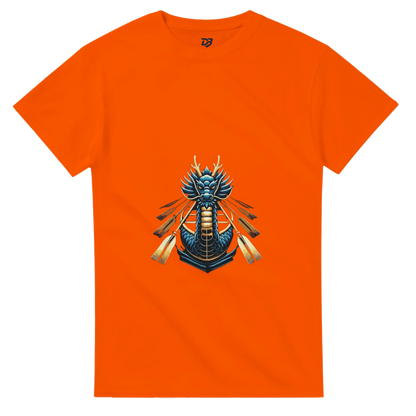 Orange unisex dragon boat graphic tee with crew-neck and short sleeves