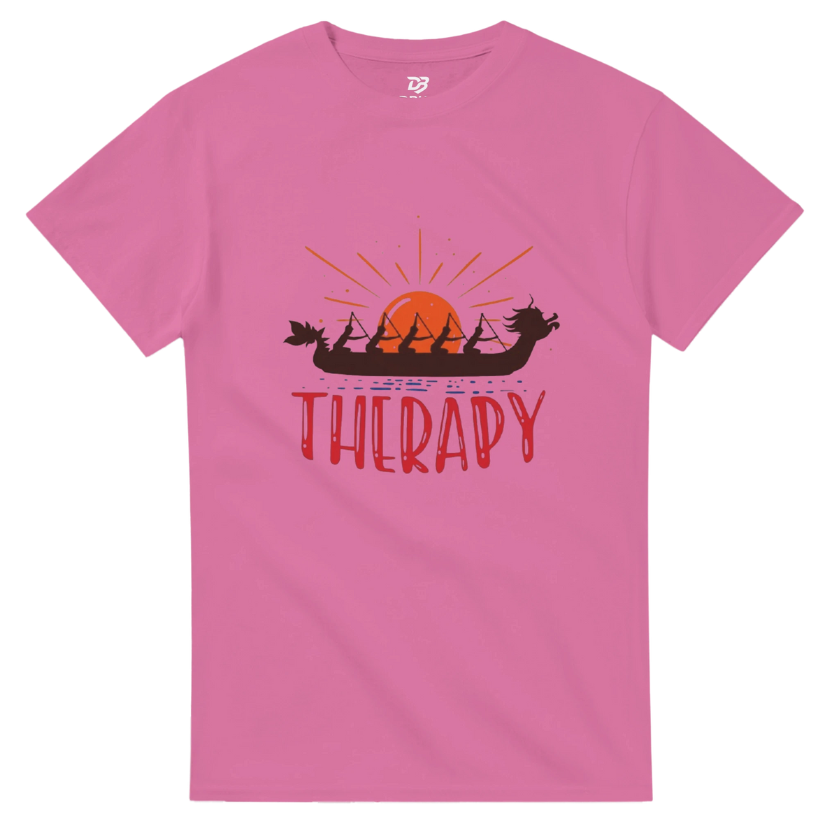 Azalea pink unisex T-shirt with dragon boat sunrise graphic and "THERAPY" print