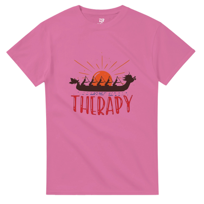 Azalea pink unisex T-shirt with dragon boat sunrise graphic and "THERAPY" print