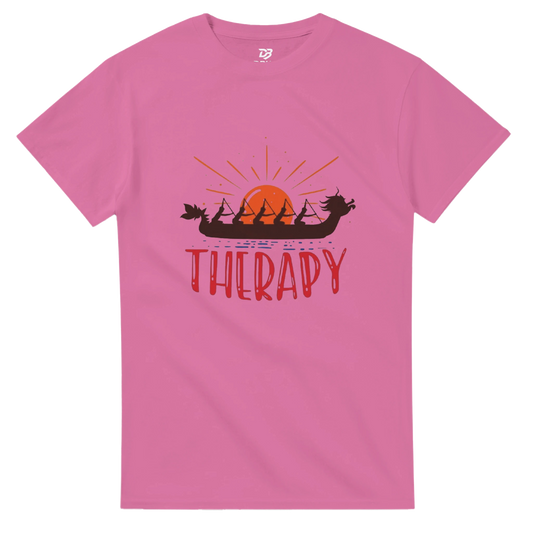 Azalea pink unisex T-shirt with dragon boat sunrise graphic and "THERAPY" print